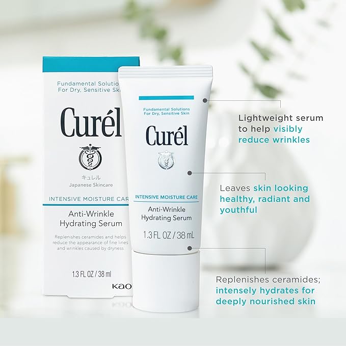 Curel Japanese Skin Care Anti-Wrinkle Hydrating Serum, Face moisturizer for Dry, Sensitive Skin, Reduces Wrinkles and Fine Lines, with Ceramides, Fragrance & Alcohol Free Facial Serum, 1.3 Fl Oz