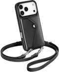 LUCKYCOIN Crossbody Wallet Phone Case for iPhone 17 Pro,100% Genuine Leather Wallet Phone Case with Expandable Flip Card Holder,Phone Purse for Women with Adjustable Removable Strap - Black