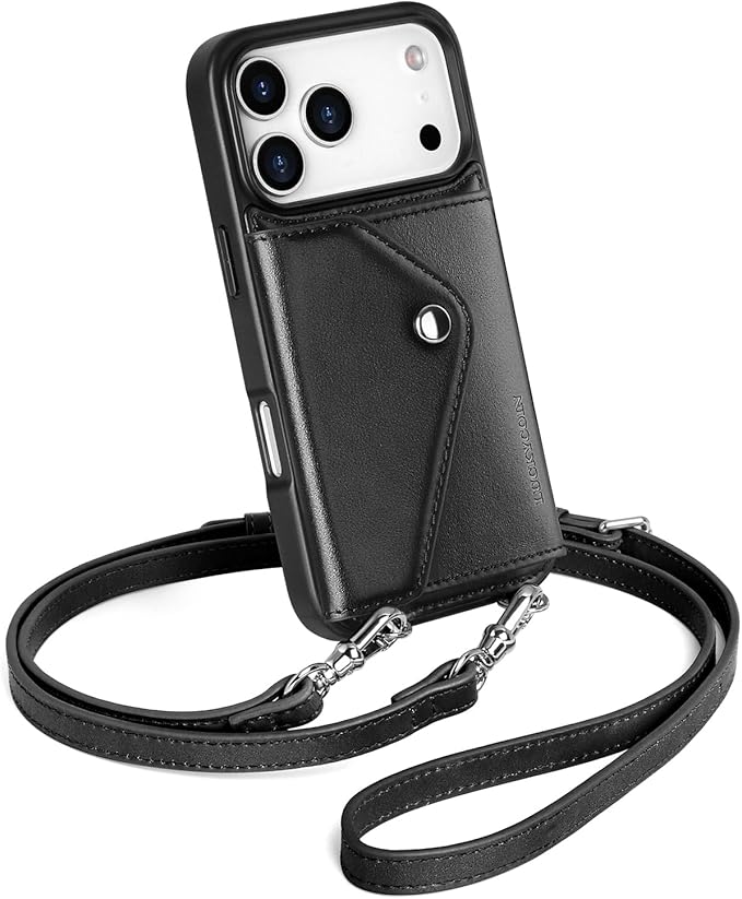 LUCKYCOIN Crossbody Wallet Phone Case for iPhone 17 Pro,100% Genuine Leather Wallet Phone Case with Expandable Flip Card Holder,Phone Purse for Women with Adjustable Removable Strap - Black