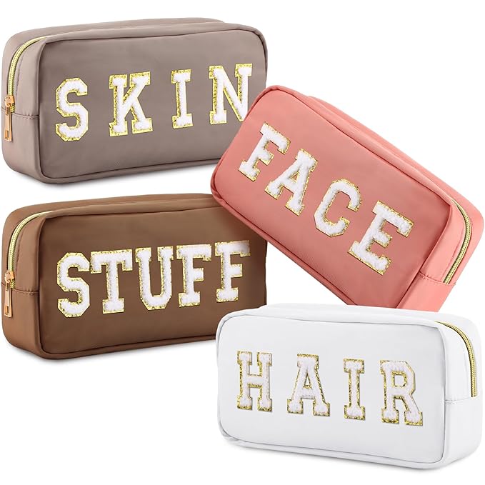 Remerry 4 PCS Nylon Cosmetic Bags Waterproof Spacious Travel Makeup Organizer for Women Chenille Letter Preppy Zipper Pouch Face Stuff Skin Hair Organizer Gift(Multicolor)
