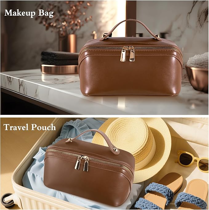 Abiudeng Travel Makeup Bag Large Capacity Toiletry Bag for Travel Essentials Open Flat Makeup bag Organizer with Divider and Handle-Brown