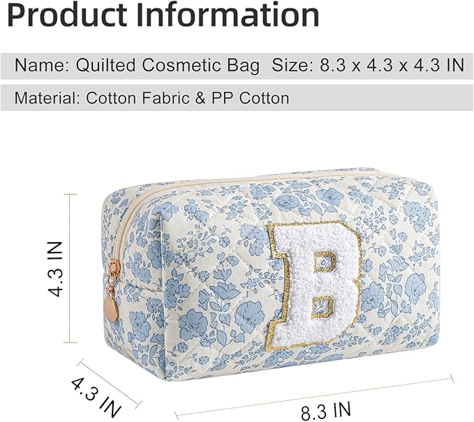 Gleyemor Personalized Initial Makeup Bag for Women, Cute Quilted Blue Floral Cotton Cosmetic Bag, Christmas Gifts for Her Mom Friend Sister Bridesmaid Teacher Women B