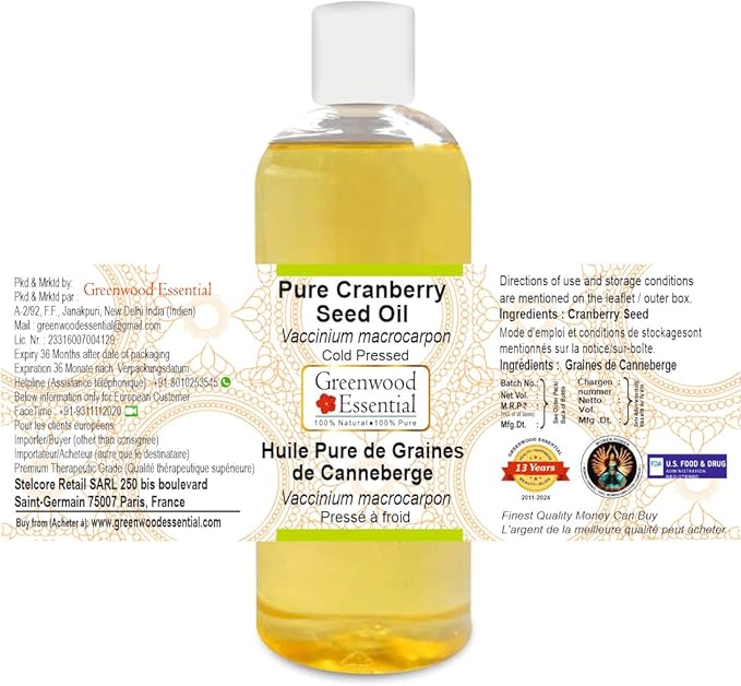 Greenwood Essential Pure Cranberry Seed Oil (Vaccinium macrocarpon) Cold Pressed 200ml (6.76 oz)