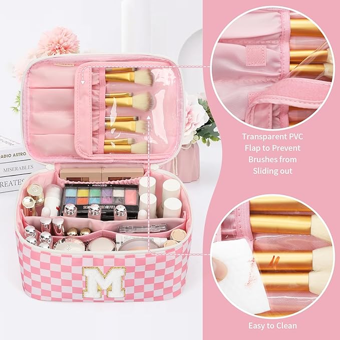 OCHEAL Makeup Bag for Women, Monogram Cosmetic Bag with Brush Holder, Pink Travel Makeup Case Beauty Toiletry Bag Organizer Personalized Gifts for Girls Bridesmaid, Sister, Wife, Friends Initial M