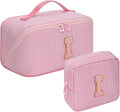 Travel Makeup Bag for Women, 2Pcs Portable Personalized Initial Makeup Organizer Bag, Open Flat Large Cosmetic Bag With Travel Essential Pouch (Pink Letter I)