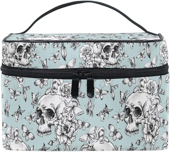 Skull Makeup Bag, Vintage Goth Skull Butterfly Makeup Organizer Bags Toiletry Bag Box Travel Cosmetic Bag Make Up Train Case for Women Teen Girl Ladies