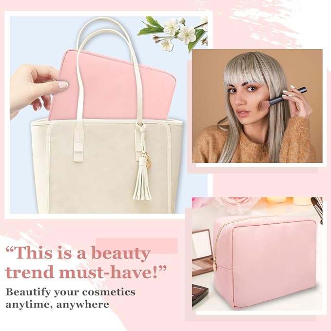 Nylon Large Makeup Bag Travel Pouch for Women, Preppy Big Pink Makeup Bag Cute Cosmetic Zipper Pouch Purse, DIY Chenille Letter Bag Waterproof Toiletry Bag Clutch Makeup Organizer for Women Girl(Pink)