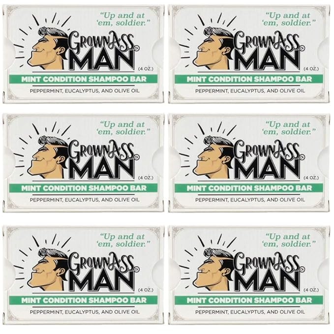 Grown Ass Man Co. - Solid Shampoo Bar Rich Lather 3 in 1: Hair, Beard & Body Wash - Plastic Free & Eco-Friendly, Natural & Organic Clean for All Hair Types, 4oz Bar (Mint Condition, 6-Pack)