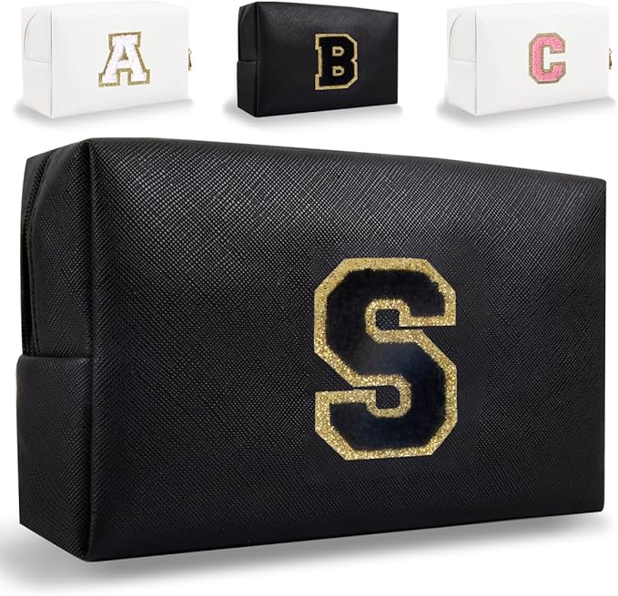 Small Personalized Letter Makeup Bag, Cute PU Leather Chenille Letters Cosmetic Bag Travel Makeup Pouch, Preppy Travel Organizer Zipper Pouch for Women&Girls（Black-S）