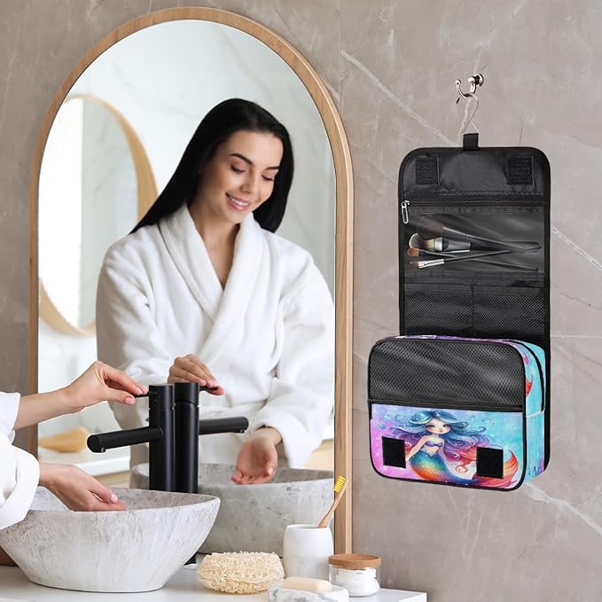 Travel Toiletry Bag for Women & Men Mermaid Rainbow Snowflake Hanging Cosmetic Organizer Portable Waterproof Makeup Case Make Up Bag with Compartments Travel Essentials for Bathroom Shower