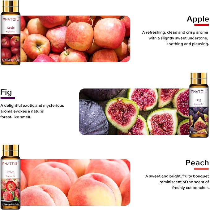 PHATOIL 9PCS Fruit Fragrance Oil Set for Soap Making Diffusers, 10ml/0.33fl.oz Cucumber Melon, Coconut & Vanilla, Peach, Pear, Green Apple, Blueberry, Apple, Fig, Lemon Fragrance Oil Essential Oils