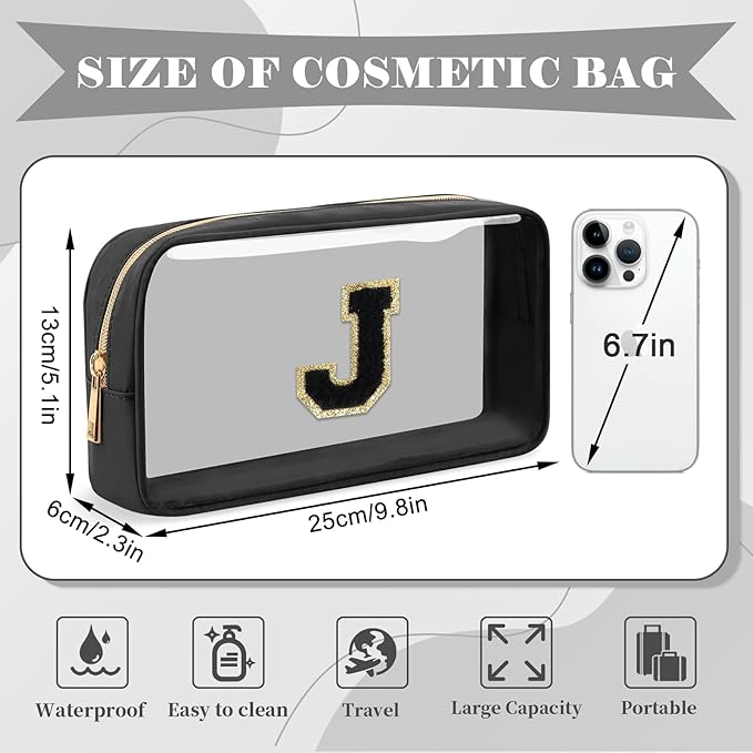 Personalized Initial Letter Clear Makeup Bag,Preppy Small Nylon&PVC Cosmetic Zipper Bag with Chenille Letter,Travel Skincare Toiletry Bag,Monogram Christmas Gift for Teen Girls Women,J