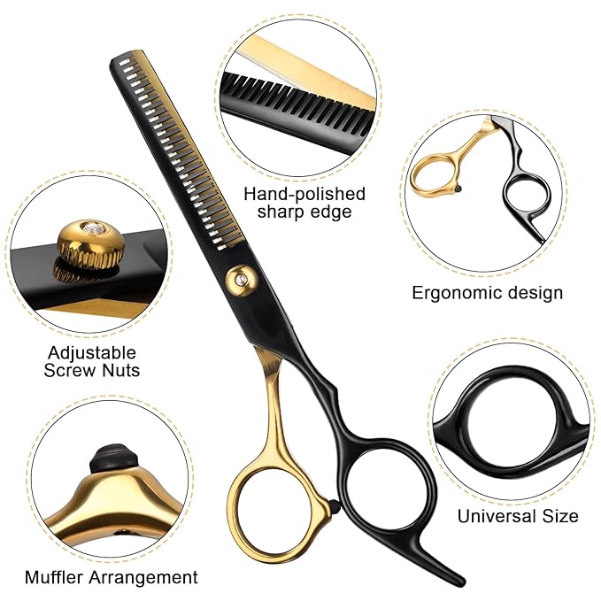 Hair Scissors,11Pcs Professional Black Gold Hair Cutting,Stainless Steel Barber Supplies,Straight, Thinning Shears, Multi Use Haircut Sets for Home Salon Barber