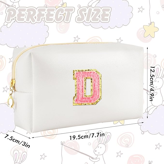 Initial Makeup Bag Personalized Preppy Travel Small Cosmetic Bag Cute PU White Chenille Letter Makeup Pouch for Purse Waterproof Zippered Toiletry Organizer for Women Girls Kids Friends (D)