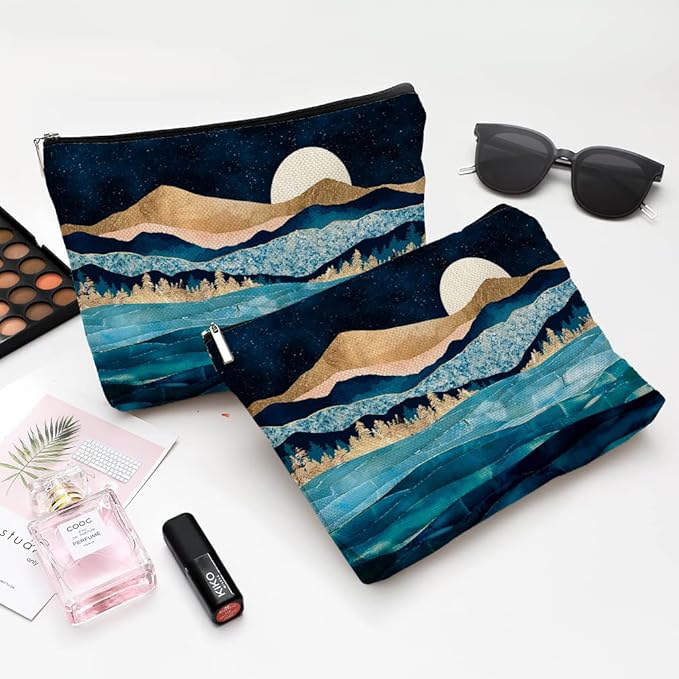 Cute Makeup Bag for Purse Canvas Waterproof Funny Cosmetic Bags for Women Zipper Travel Toiletry Pouch-Mountain Moon Lake Makeup Bags