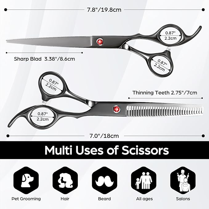 Professional Hair Cutting Scissors Multifunctional 7.8 inch Straight / 7.0 inch Thinnin Shears Tools for Mother Father Friends' Christmas Gift, Black