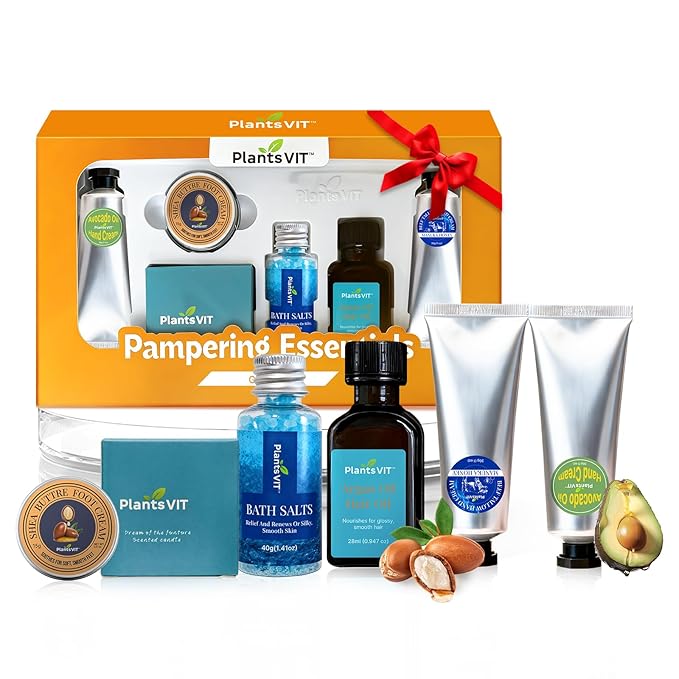 Pampering Gift for Women - Self Care Christmas Gifts Set, 6 Travel Size Essentials, Moroccan Argan Oil, Beef Tallow, Avocado Oil, Shea Butter, Bath Salt, Candle, Hair & Hand Repair, Foot Cream