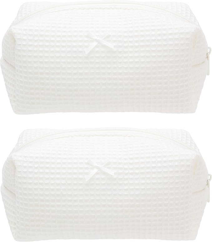 PAZIMIIK 2PCS Cozy Makeup Bag Travel Cosmetic Bag for Women Soft Toiletry Bag Aesthetic Makeup Organizer Portable Large Zipper Pouch for Skincare Beauty Accessories Brushes Waffle Check Cream White