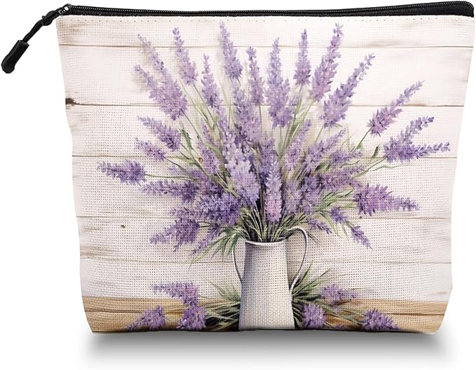 Cosmetic Bags Travel Makeup Toilet Case Waterproof Pouch for Women Girls 6.7X9.45inches - Lavender in A White Pitcher on A White - Wood Background