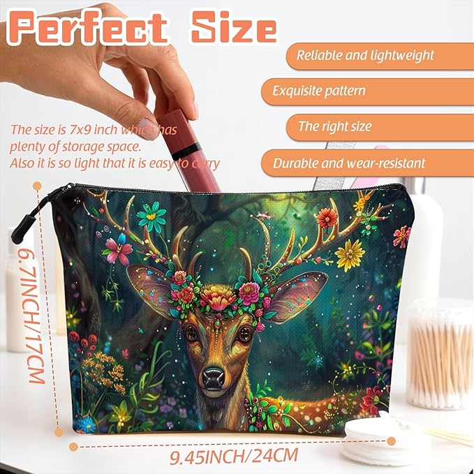 Cosmetic Bags Travel Makeup Toilet Case Waterproof Pouch for Women Girls 6.7X9.45inches - Deer'S Graceful Look With Blooming Antlers