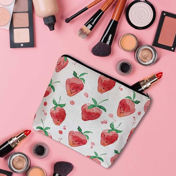 Strawberry Cosmetic Travel Bag For Toiletries, Summer Fruits Strawberry Red Makeup Bag Toiletry Bags For Women, Flax Cosmetic Bags Make Up Bag Purse Toiletries Bag Birthday Gift