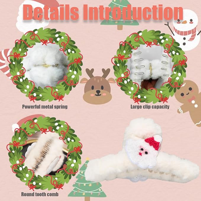 Christmas Hair Clips White Plush Acrylic Hair Claw Clips Cute Santa Claus Design Hairpins Xmas Hair Accessories Nonslip Large Clamp Clips for Medium Thin Hair Decoration 1Pcs
