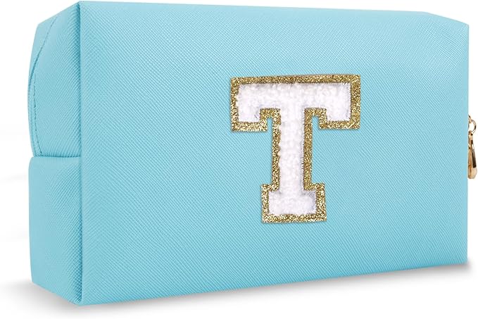 Personalized Small Travel Preppy Makeup Bag, Chenille Letter Blue Cute Makeup Case Initial Cosmetic Pouch Toiletry Organizer, PU Leather Waterproof Makeup Storage Teacher Appreciation Gifts(Letter T)