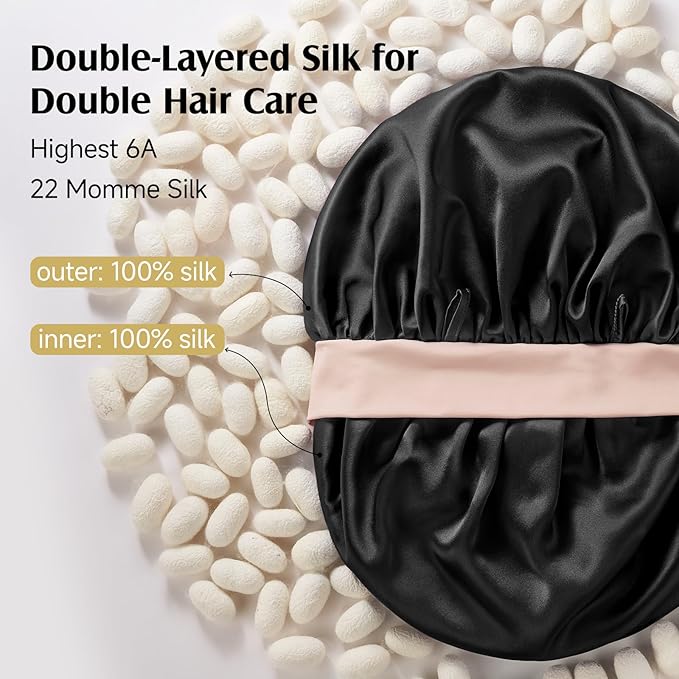 YFONG 100% 22 Momme Mulberry Silk Bonnet for Sleeping Women, Larger Double Layer Silk Hair Wrap for Curly Short Long Hair, Non-Slip Sleep Cap Turban with Elastic Tie Band (Pink & Black)