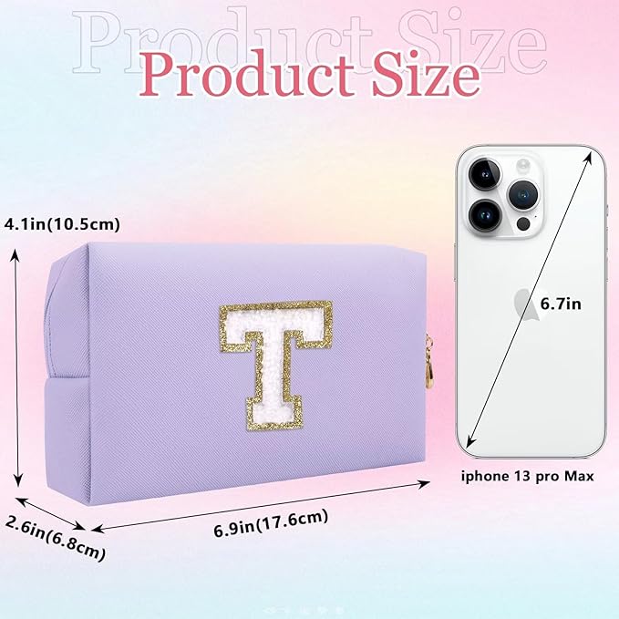 Small Personalized Letter Makeup Bag, Cute PU Leather Chenille Letters Cosmetic Bag Travel Makeup Pouch, Preppy Travel Organizer Zipper Pouch for Women&Girls（Purple-T）