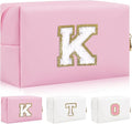 Personalized Initial Letter Patch Makeup Bag, Preppy Portable Chenille Cosmetic Bag with Zipper, PU Leather Waterproof Travel Toiletry Bag Monogram Make Up Pouch for Women Girls