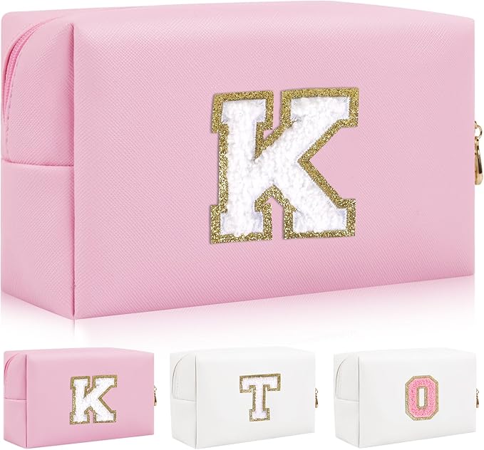 Personalized Initial Letter Patch Makeup Bag, Preppy Portable Chenille Cosmetic Bag with Zipper, PU Leather Waterproof Travel Toiletry Bag Monogram Make Up Pouch for Women Girls