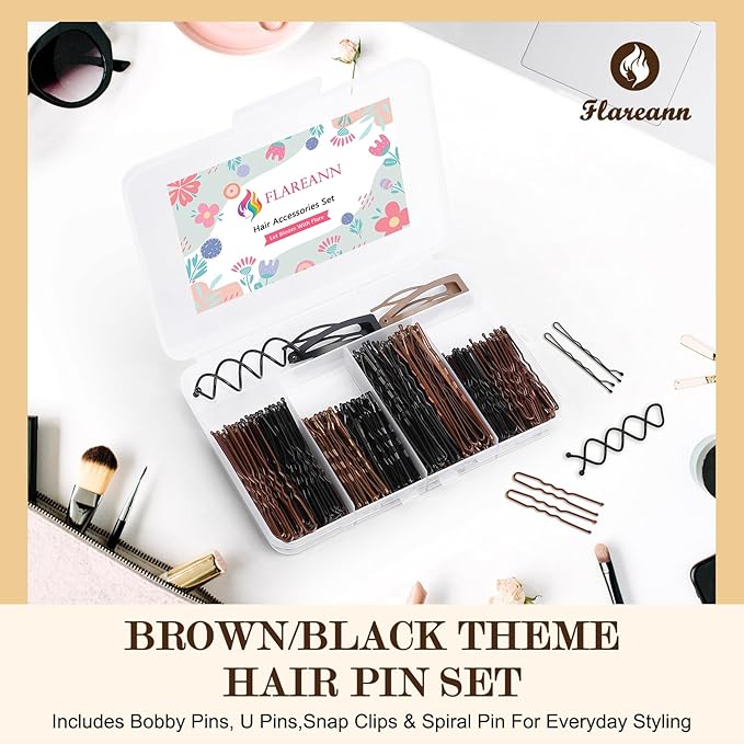 Bobby Pins Set Brown/Black – Mixed Color Kit with Bobby Pins, Snap Clips & Spiral Pin, for Women & Girls, Ideal for Updos, Buns, Parties & Weddings