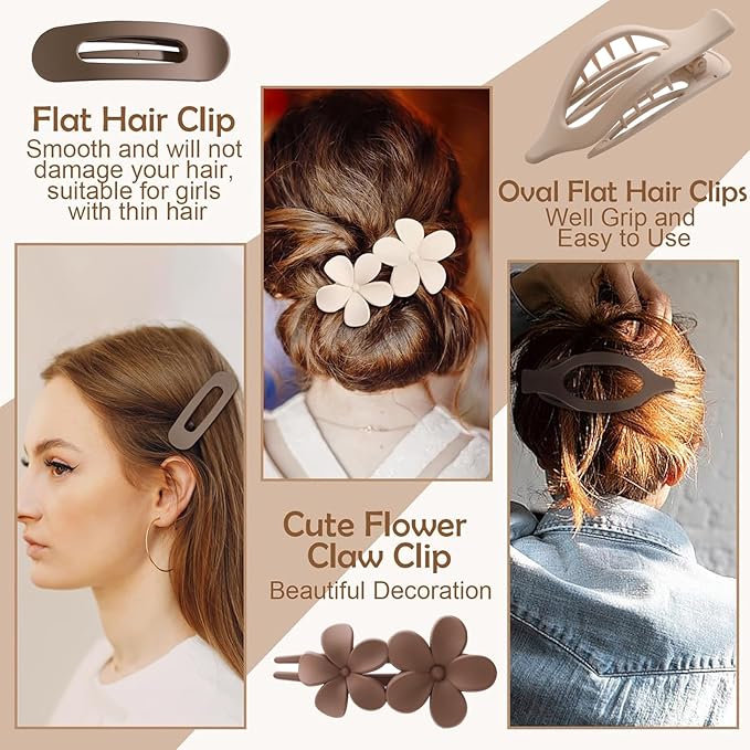 6 PCS Flat Hair Clips, French Lay Flat Claw Clips for Women Girls, 3 Styles Strong Hold Non-slip Matte Hair Claws for Thin Thick Hair(Black&White)