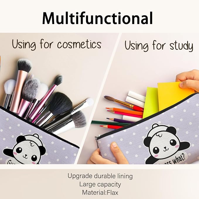 Cute Baby Panda Guess What It's Pug Butt Cosmetic Bag, Purple Makeup Case for Teen Girls & Women, Canvas Zipper Pouch