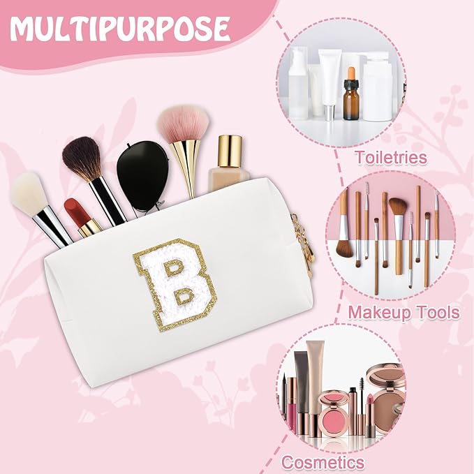 Small Initial Preppy Makeup Bag Organizer, White Cute Chenille Letter Cosmetic Zipper Pouch Toiletry Bags for Traveling, Waterproof PU Makeup Pouch Personalized Gifts for Bride Bridesmaid(Letter B)