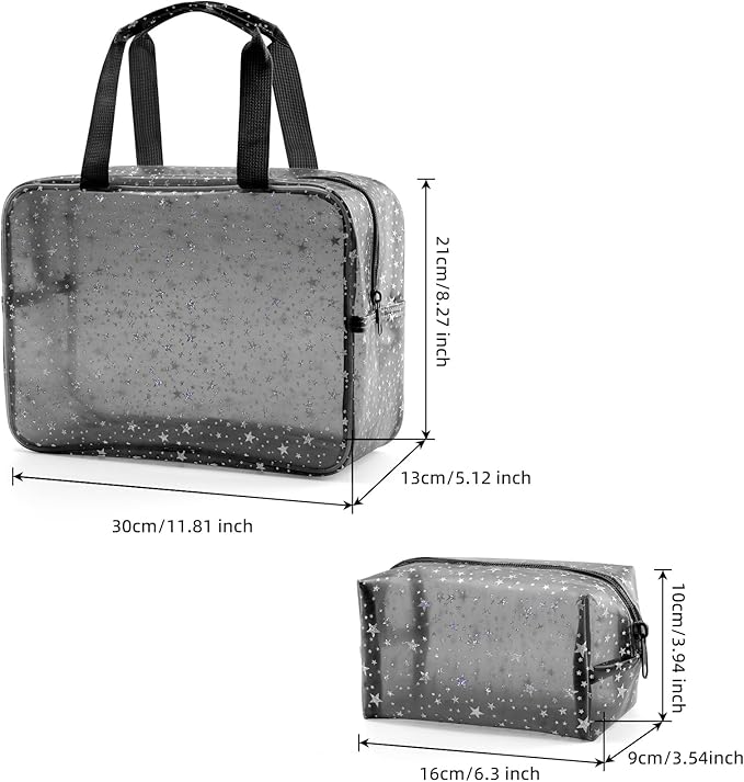 Yaopeing 2Pcs PVC Clear Makeup Bag Organizer for Women,Star Transparent Cosmetic Case Travel Toiletry Pouch with Zipper,Large Make Up Purse for Daily Accessory,Black