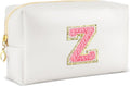 Initial Makeup Bag Personalized Preppy Travel Small Cosmetic Bag Cute PU White Chenille Letter Makeup Pouch for Purse Waterproof Zippered Toiletry Organizer for Women Girls Kids Friends (Z)