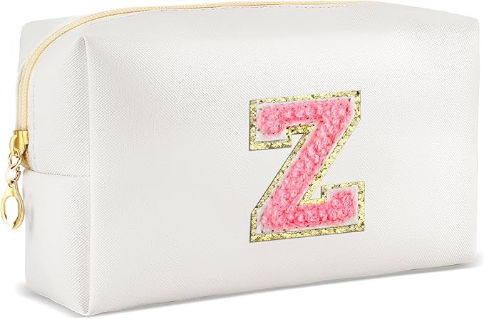 Initial Makeup Bag Personalized Preppy Travel Small Cosmetic Bag Cute PU White Chenille Letter Makeup Pouch for Purse Waterproof Zippered Toiletry Organizer for Women Girls Kids Friends (Z)