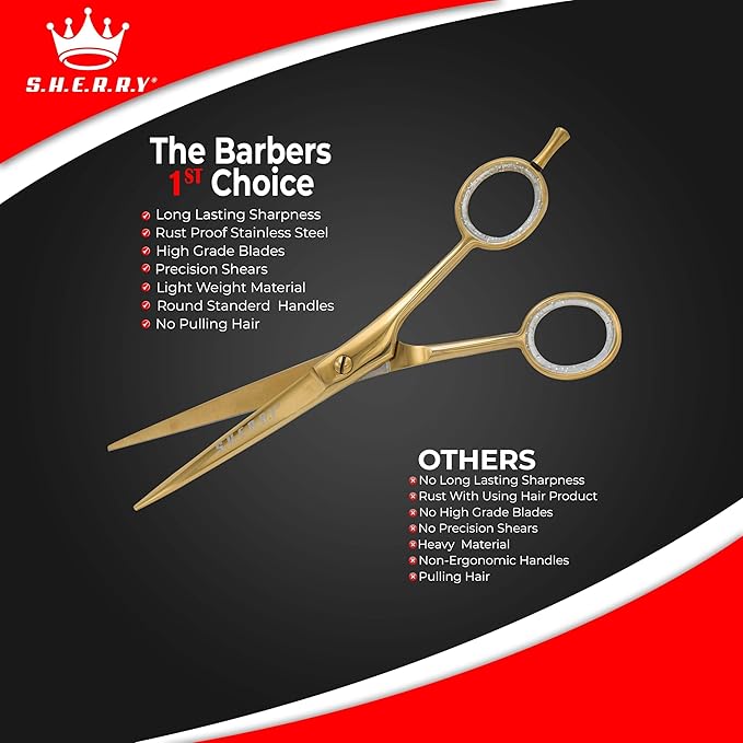 Professional Barber Shears 5.5” – High Carbon Stainless Steel Hair Cutting Scissors with Razor Sharp Edge for Salon & Home Use by S.H.E.R.R.Y (Gold, 5.5 inches)