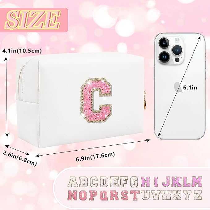 Personalized Initial Letter Makeup Bag, Preppy Glitter Letter Patch Cosmetic Pouch Zipper,PU Waterproof Travel Toiletry Bag Cute Makeup Organizer Monogrammed Make Up Bag,Gift for Women Girls