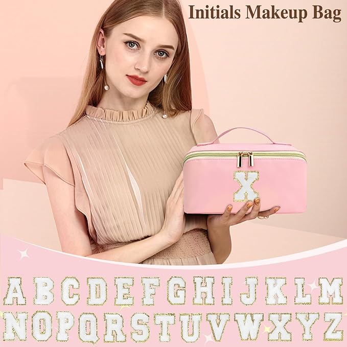 for Christmas Day Gifts, Makeup Bag for Women, PU Leather Travel Toiletry Bags, Initial Make Up Cosmetic Pouch for Teen Girls, Wide Open Portable Skincare Bag, Personalized Birthday Gifts, Pink K