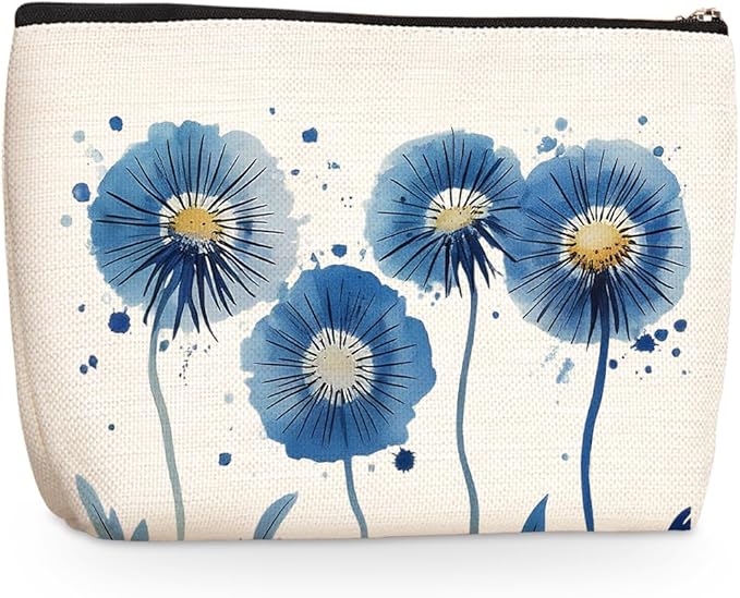 Watercolor Blue Flower Makeup Bag, Large Capacity Travel Makeup Case Cosmetic Bags for Women, Portable Pouch Purse Travel Essentials Toiletries Accessories, Christmas Birthday Gifts for Women