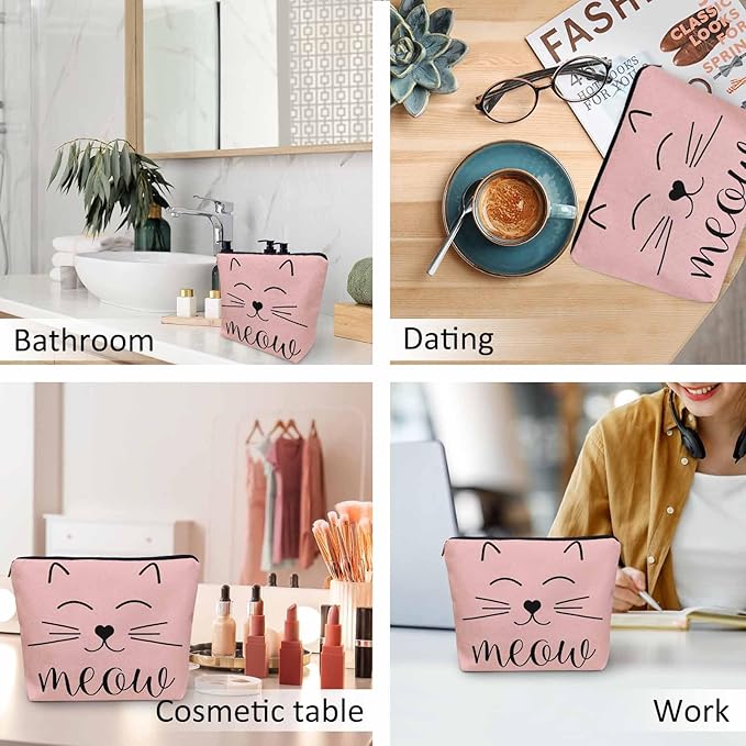 Cat Cute Cosmetic Bags For Women, Funny Kitten Cat Face Meow Roomy Makeup Bag Toiletry Bag Accessories Organizer Storage Bags Makeup Pouch For Travel Business Gym Camping Bathroom, Pink