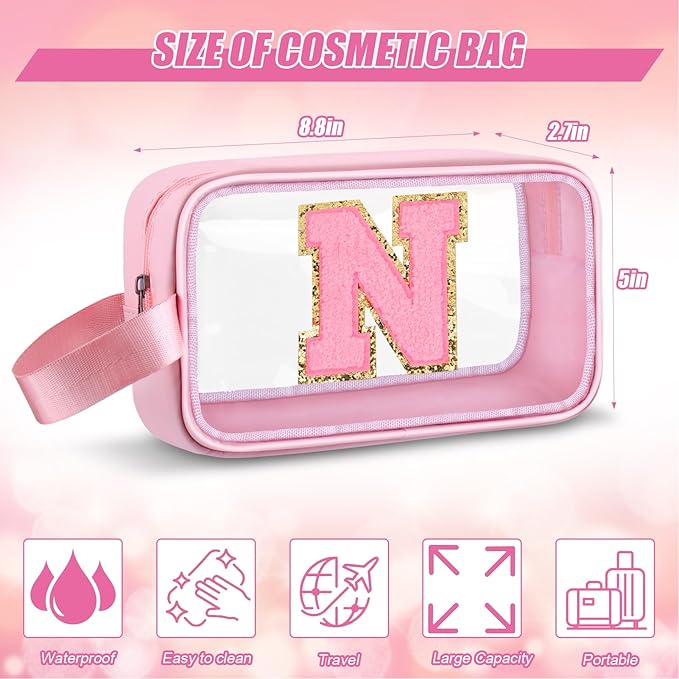 Initial Makeup Bag,Letter N Cute Clear Monogrammed Cosmetic Travel Bag for Womens Girls,Personalized Pink Aesthetic Traveling Make Up Organizer Bag for Beach,Waterproof Toiletry Bag