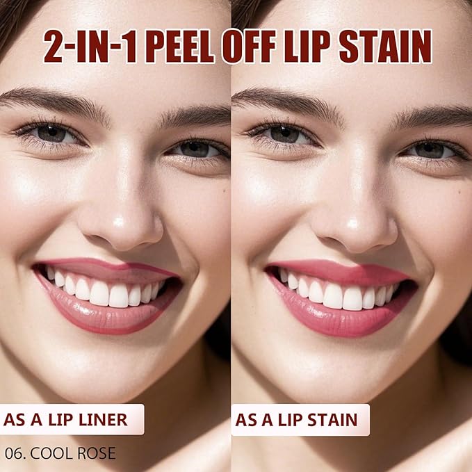 Lip Liner Stain Peel Off with Tweezer, Long Lasting Matte Lip Tattoo, Highly Pigmented Color Lip Makeup, Waterproof, Transfer-proof Lipstain for Women, for All Skin Types Cool Rose