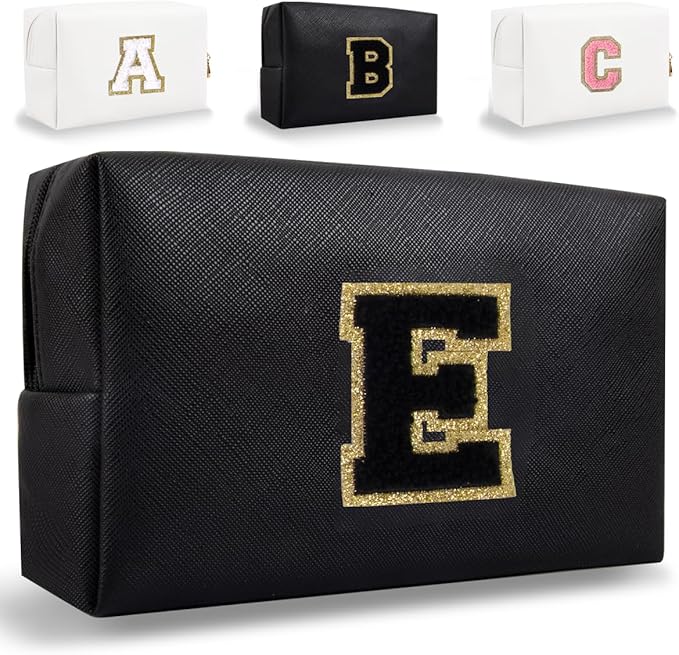 Small Personalized Letter Makeup Bag, Cute PU Leather Chenille Letters Cosmetic Bag Travel Makeup Pouch, Preppy Travel Organizer Zipper Pouch for Women&Girls（Black-E）