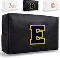 Small Personalized Letter Makeup Bag, Cute PU Leather Chenille Letters Cosmetic Bag Travel Makeup Pouch, Preppy Travel Organizer Zipper Pouch for Women&Girls（Black-E）