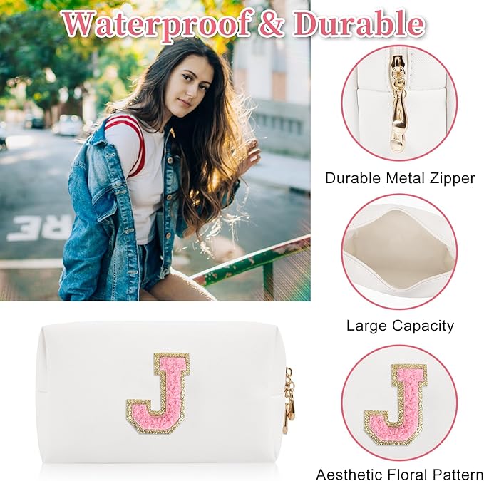 Iqimott Personalized Initial Letter Patch Makeup Bag, Preppy Portable Chenille Letter Cosmetic Bag with Zipper, PU Leather Waterproof Travel Toiletry Bag Monogram Make Up Pouch Girls(Letter J)