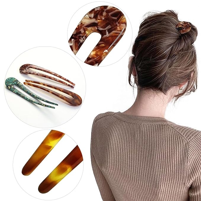 French Hair Pins U Shape Updo Hair Forks 2 Prong Bun Twist Chignon Stick Clips for Women Hair Accessories, 3 Pcs (Green,Tortoise,Brown Floral)