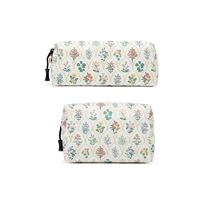 Makeup bag set small Cosmetic bag for women purse Corduroy Organizer with interior Pockets Pencil zipper Pouch travel Toiletry Bag with handle(Multi-Plants)